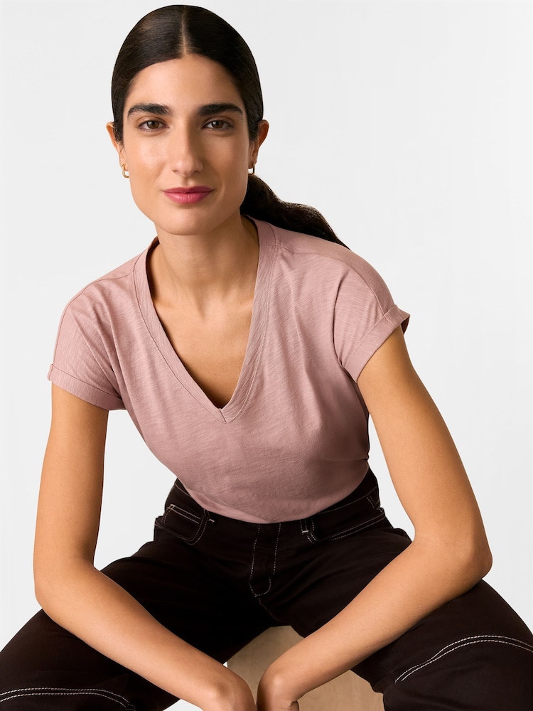 Whistles Pink Willa V-Neck Cap Sleeve 100% Cotton T-Shirt - Image 3 of 5