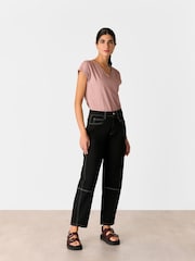 Whistles Pink Willa V-Neck Cap Sleeve 100% Cotton T-Shirt - Image 4 of 5