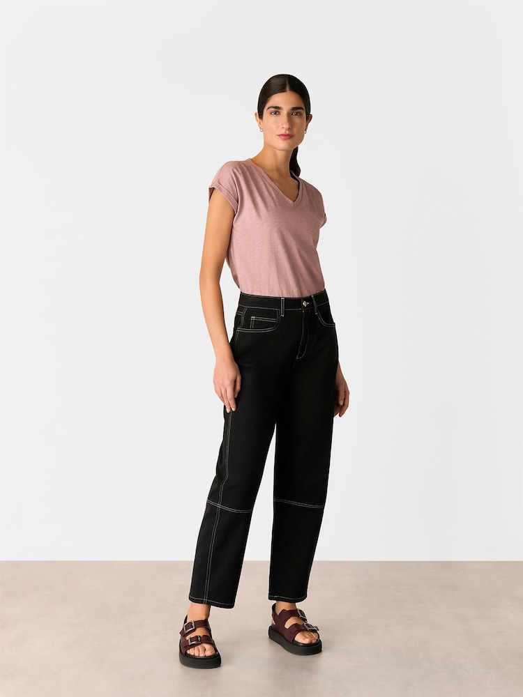 Whistles Pink Willa V-Neck Cap Sleeve 100% Cotton T-Shirt - Image 4 of 5