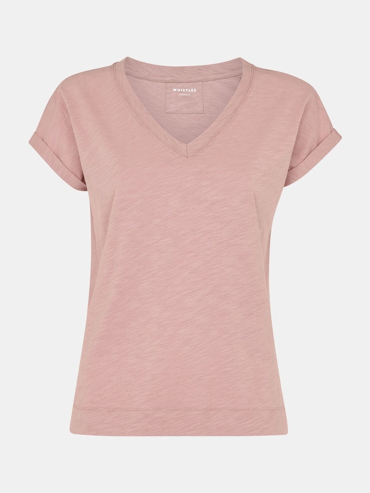 Whistles Pink Willa V-Neck Cap Sleeve 100% Cotton T-Shirt - Image 5 of 5