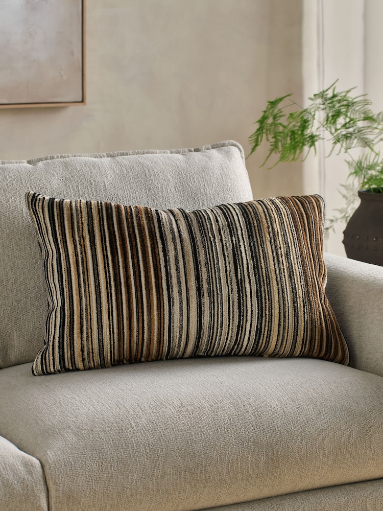 Brown 40 x 59cm Cut Velvet Stripe Cushion - Image 1 of 5