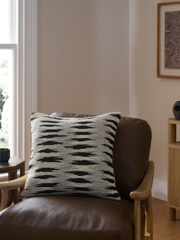 Black/White 50 x 50cm Abstract Woven Ikat Cushion - Image 1 of 5