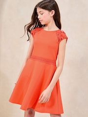 Lipsy Coral Pink Scuba 3D Lace Occasion Dress (5-16yrs) - Image 1 of 4