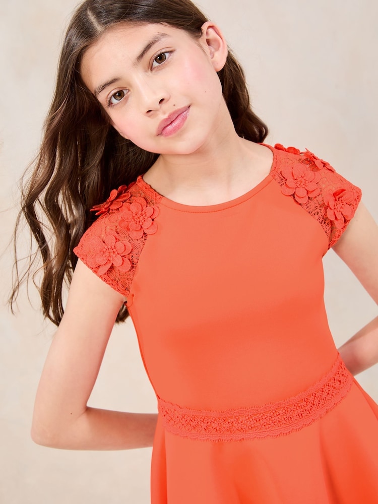 Lipsy Coral Pink Scuba 3D Lace Occasion Dress (5-16yrs) - Image 4 of 4