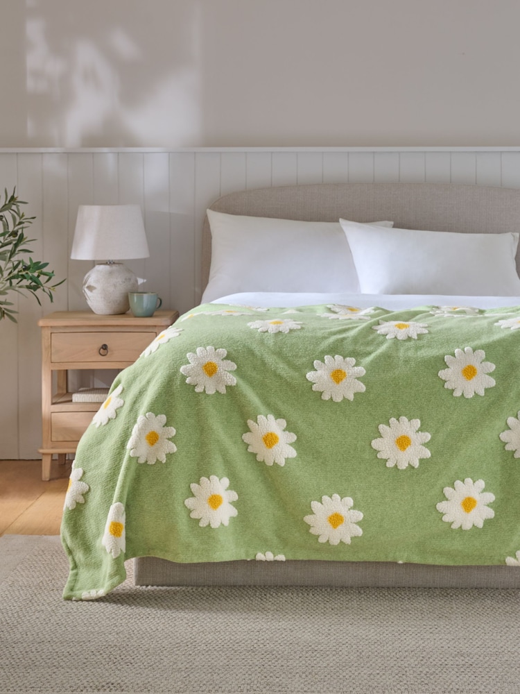 Sage Green Daisy Borg Fleece Throw - Image 1 of 5 Sage Green Daisy Borg Fleece Throw - Image 1 of 5