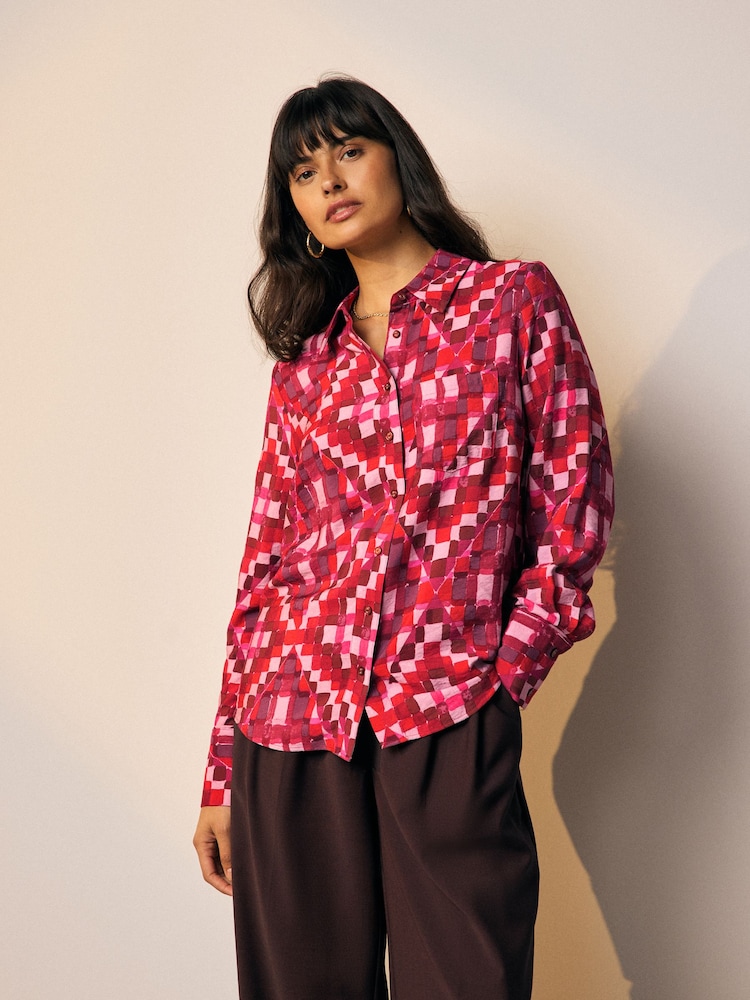 Pink Geometric Print Long Sleeve Button Down Shirt - Image 1 of 9 Pink Geometric Print Long Sleeve Button Down Shirt - Image 1 of 9