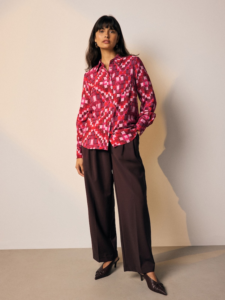 Pink Geometric Print Long Sleeve Button Down Shirt - Image 2 of 9 Pink Geometric Print Long Sleeve Button Down Shirt - Image 2 of 9