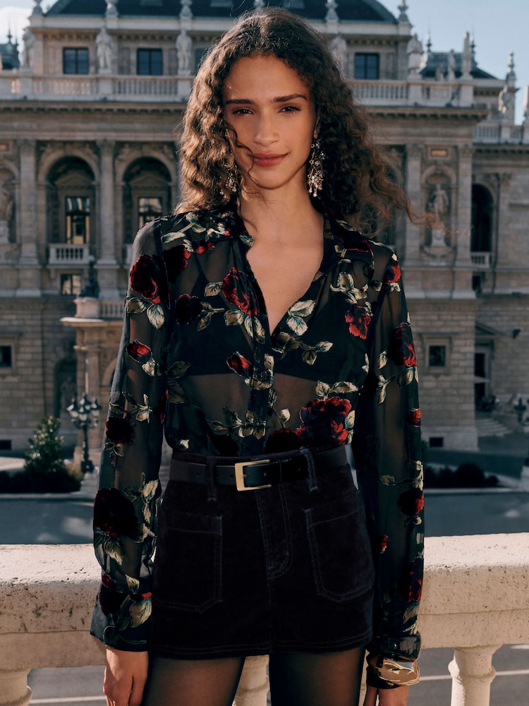 Black/Red Floral N.Premium Sheer Flocked Velvet Shirt - Image 2 of 7 Black/Red Floral N.Premium Sheer Flocked Velvet Shirt - Image 2 of 7