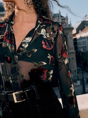 Black/Red Floral N.Premium Sheer Flocked Velvet Shirt - Image 4 of 7