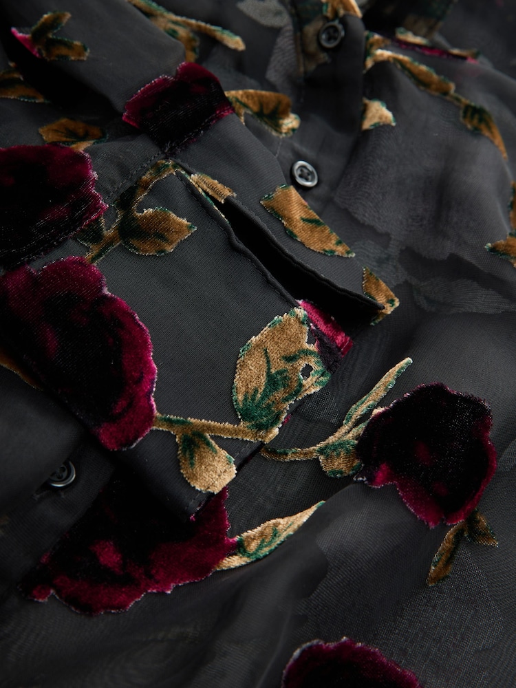 Black/Red Floral N.Premium Sheer Flocked Velvet Shirt - Image 7 of 7 Black/Red Floral N.Premium Sheer Flocked Velvet Shirt - Image 7 of 7