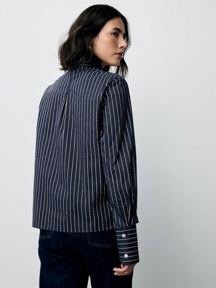 Womens Next Navy Blue Stripe Fitted Stretch Essential Long Sleeve Shirt US 8