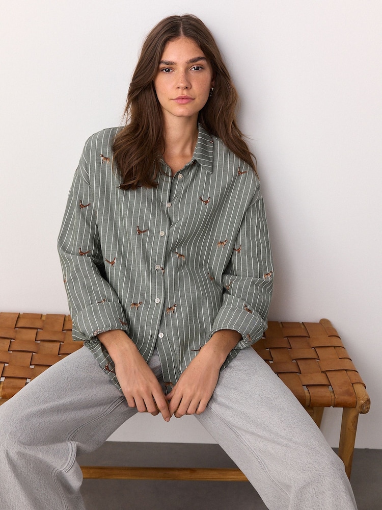 Green/White Stripe Conversational Embroidered Long Sleeve Shirt - Image 1 of 8