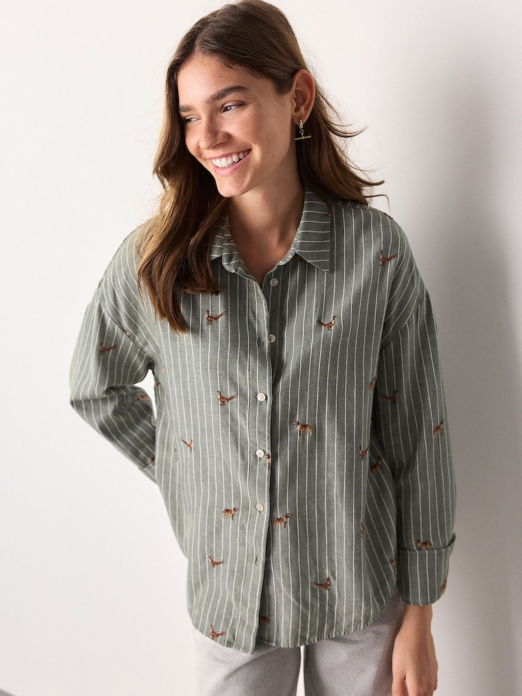 Green/White Stripe Conversational Embroidered Long Sleeve Shirt - Image 2 of 8