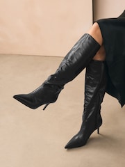 Black Forever Comfort® Point Toe Heel Slouch Knee High Boots - Image 4 of 12