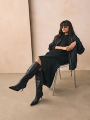 Black Forever Comfort® Point Toe Heel Slouch Knee High Boots - Image 7 of 12