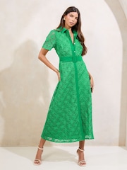 Lipsy Green Petite Premium Lace Belted Shirt Dress - Image 1 of 4