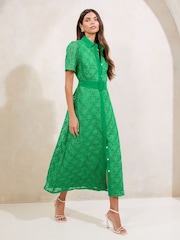 Lipsy Green Petite Premium Lace Belted Shirt Dress - Image 3 of 4