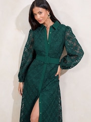 Lipsy Premium Lace Belted Long Sleeve Shirt Dress - صورة 2 من 4