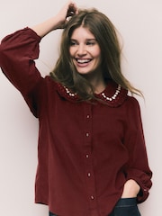 Burgundy Corduroy Embroidered Peter Pan Collar Blouse - Image 1 of 8