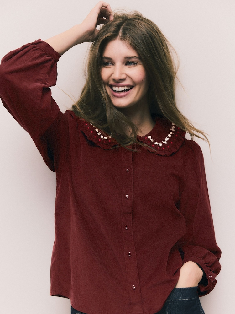 Burgundy Corduroy Embroidered Peter Pan Collar Blouse - Image 1 of 8