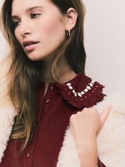 Burgundy Corduroy Embroidered Peter Pan Collar Blouse - Image 2 of 8