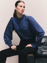 Blue Floral Chenille Ladder Insert Long Sleeve Blouse - Image 1 of 8