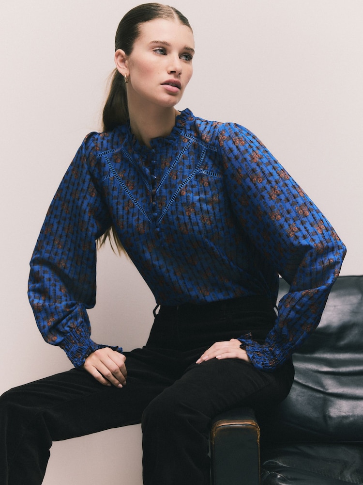 Blue Floral Chenille Ladder Insert Long Sleeve Blouse - Image 1 of 8