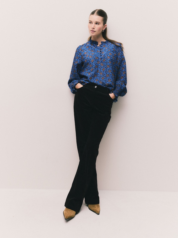 Blue Floral Chenille Ladder Insert Long Sleeve Blouse - Image 2 of 8