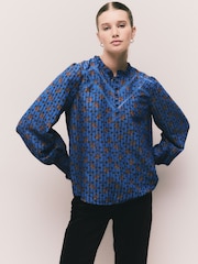 Blue Floral Chenille Ladder Insert Long Sleeve Blouse - Image 3 of 8