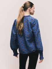 Blue Floral Chenille Ladder Insert Long Sleeve Blouse - Image 4 of 8