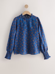 Blue Floral Chenille Ladder Insert Long Sleeve Blouse - Image 6 of 8