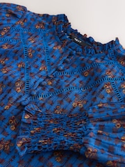 Blue Floral Chenille Ladder Insert Long Sleeve Blouse - Image 8 of 8
