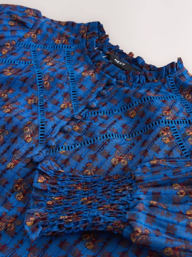 Blue Floral Chenille Ladder Insert Long Sleeve Blouse - Image 8 of 8