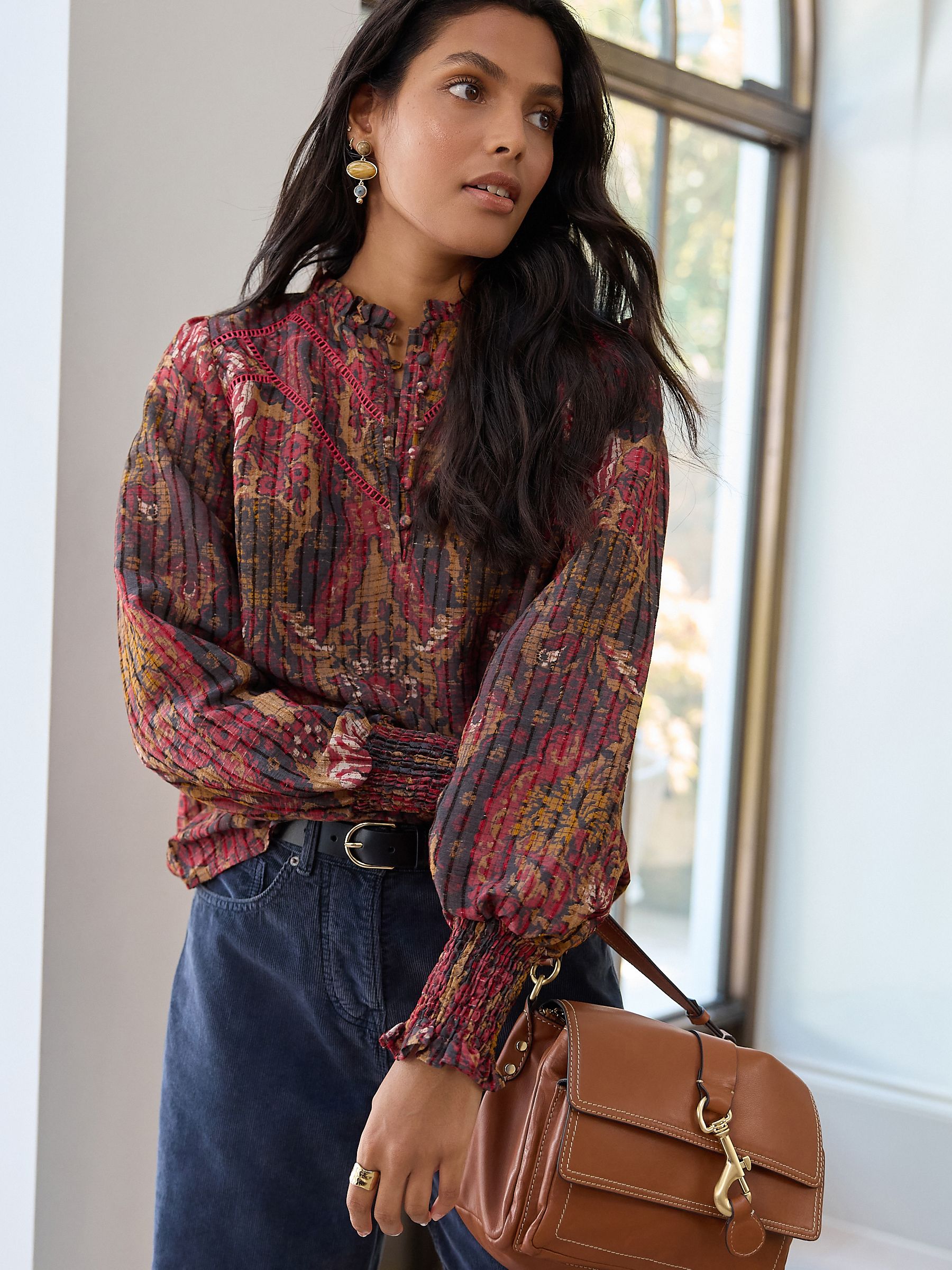Buy Red Abstract Floral Chenille Ladder Insert Long Sleeve Blouse