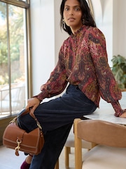 Red Abstract Floral Chenille Ladder Insert Long Sleeve Blouse - Image 2 of 8