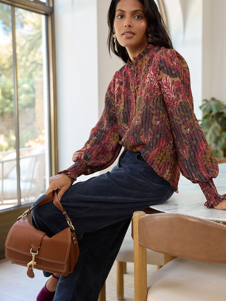 Red Abstract Floral Chenille Ladder Insert Long Sleeve Blouse - Image 2 of 8