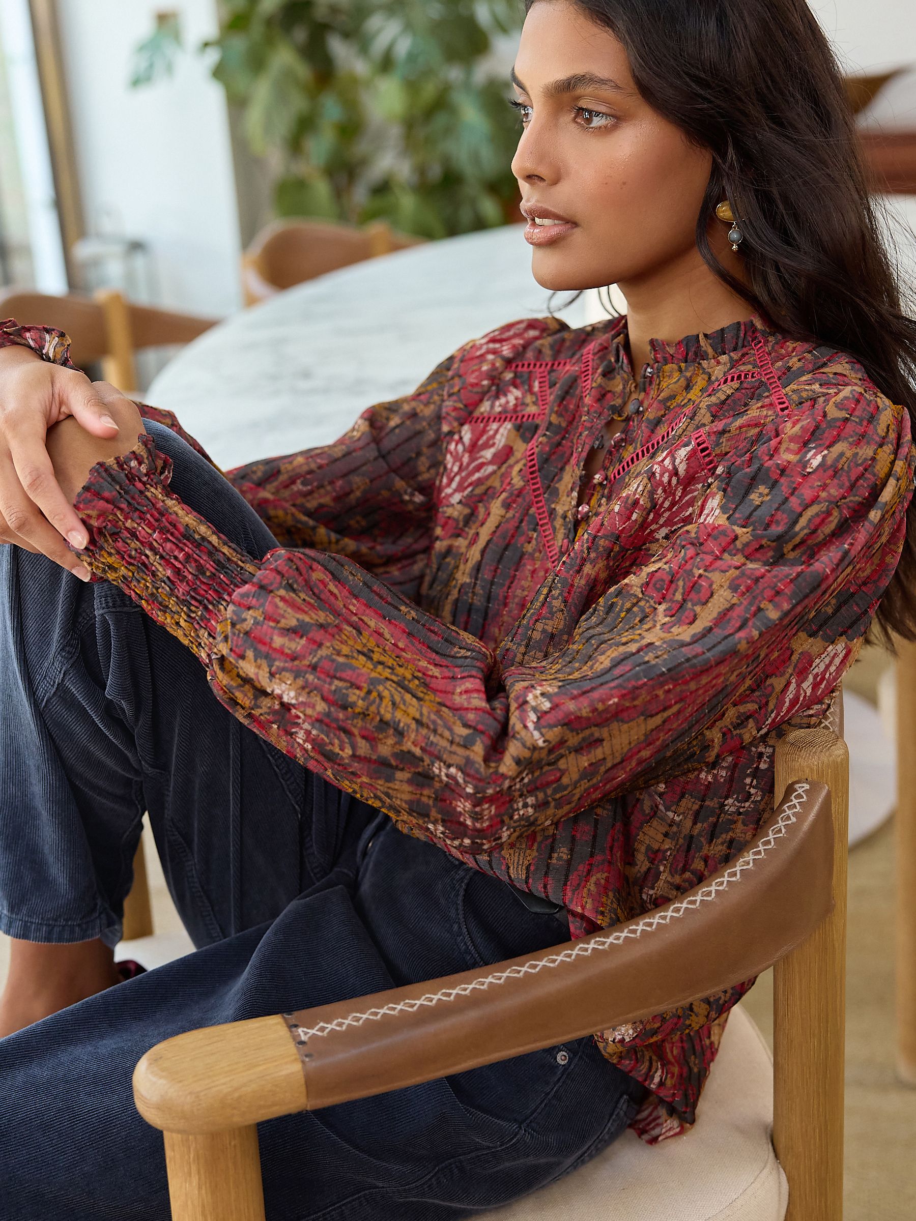 Buy Red Abstract Floral Chenille Ladder Insert Long Sleeve Blouse