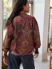 Red Abstract Floral Chenille Ladder Insert Long Sleeve Blouse - Image 4 of 8