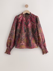 Red Abstract Floral Chenille Ladder Insert Long Sleeve Blouse - Image 6 of 8