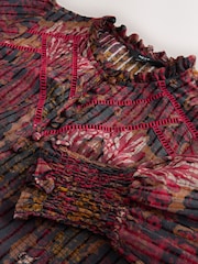 Red Abstract Floral Chenille Ladder Insert Long Sleeve Blouse - Image 7 of 8