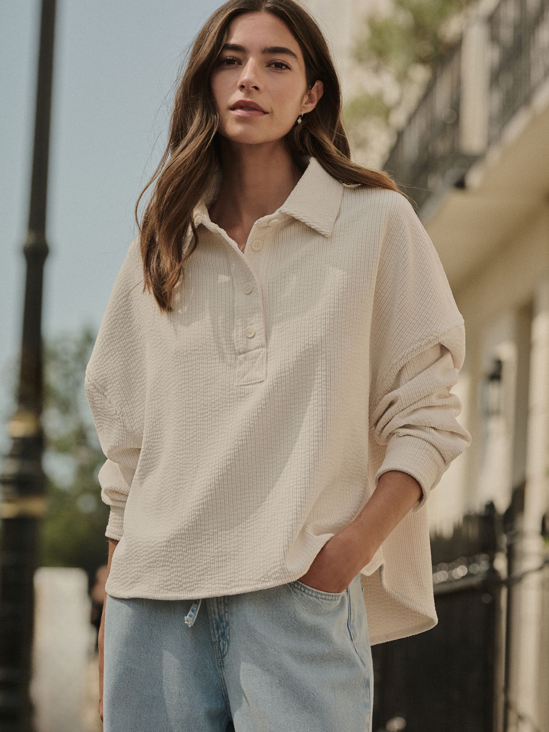 Ecru Overhead Corduroy Popper Long Sleeve Sweatshirt