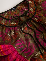 Pink/Green Geometric Border Print Tie-Neck Long Sleeve Blouse - Image 3 of 3