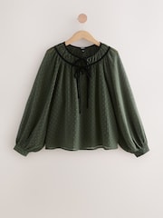 Khaki Green Tie-Neck Long Sleeve Blouse - Image 1 of 3