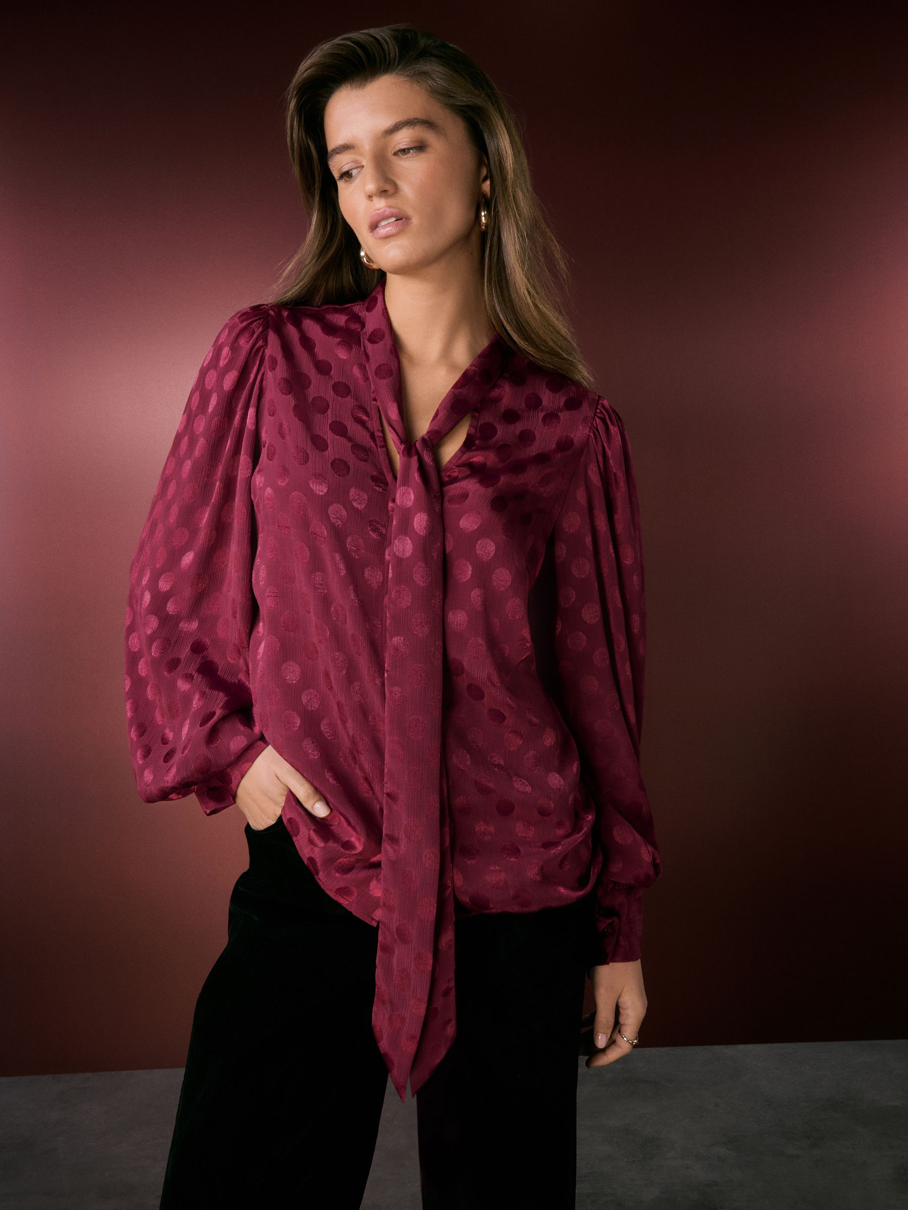 Buy Burgundy Red Satin Polka Dot Long Sleeve Tie Neck Blouse from the ...