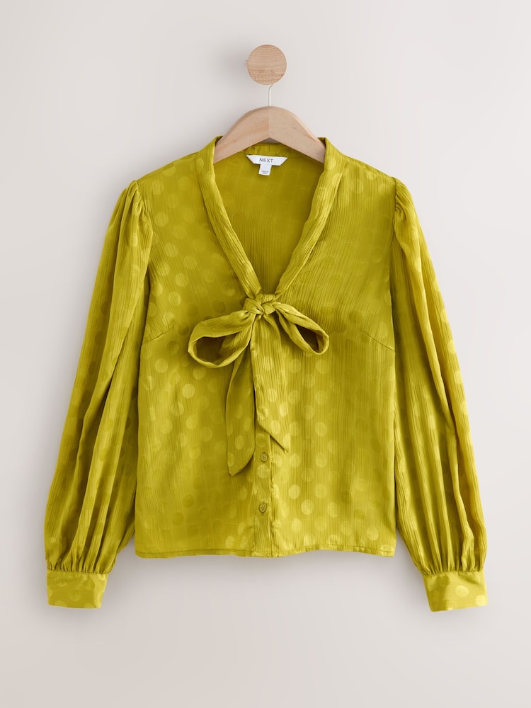 Amarelo ocre - Satin Polka Dot Long Sleeve Tie Neck Blouse - Imagem 1 de 3