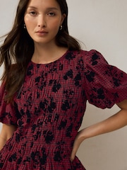 Red/Black Check Flocked Puff Short Sleeve Blouse - Image 1 of 7