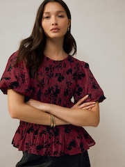 Red/Black Check Flocked Puff Short Sleeve Blouse - Image 2 of 7
