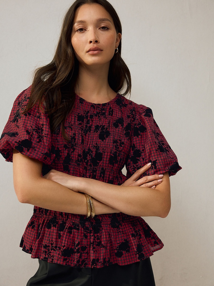 Red/Black Check Flocked Puff Short Sleeve Blouse - Image 2 of 7