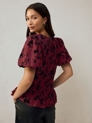 Red/Black Check Flocked Puff Short Sleeve Blouse - Image 3 of 7