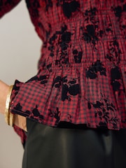 Red/Black Check Flocked Puff Short Sleeve Blouse - Image 4 of 7